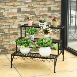Costway 3 Tier Steel Plant Stand Ladder Flower Pot Storage Rack Plant Display Organizer in Black - thumbnail 3