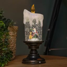 Samuel Alexander 25cm Snowtime Dual Power LED Christmas Glitter Water Spinner Candlestick Santa Scene in Brown - thumbnail 1