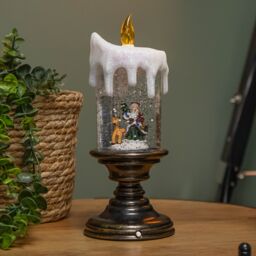 Samuel Alexander 25cm Snowtime Dual Power LED Christmas Glitter Water Spinner Candlestick Santa Scene in Brown - thumbnail 5
