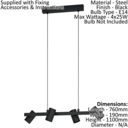 Loops Pendant Ceiling Light 4 Spots Track Colour Black Shade Bulb E14 4x25W - thumbnail 2