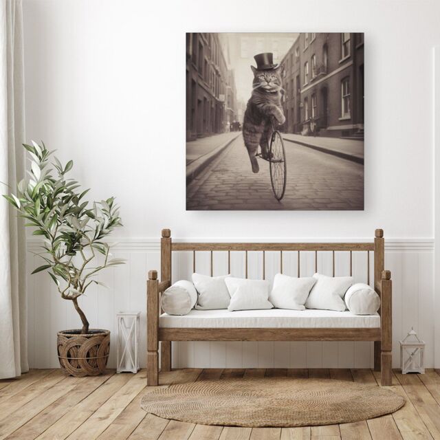 "Warren Reed - Designer Victorian Cat Riding A Bike Canvas in Black - Size: W30"" x H30""" - image 1