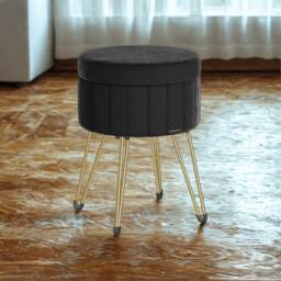 Pirlo Plush Velvet Round Ottoman Footstool With Storage in Black - thumbnail 2