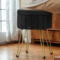 Pirlo Plush Velvet Round Ottoman Footstool With Storage in Black - thumbnail 4