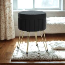 Pirlo Plush Velvet Round Ottoman Footstool With Storage in Black - thumbnail 3