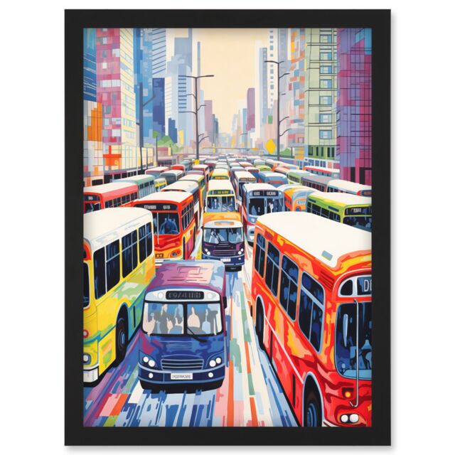 Artery8 Wall Art Print The Bus Lane by Adrienne Finch Busy Cityscape Traffic Artwork London New York LA Artwork Framed A4 in Black - image 1