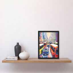 Artery8 Wall Art Print The Bus Lane by Adrienne Finch Busy Cityscape Traffic Artwork London New York LA Artwork Framed A4 in Black - thumbnail 2