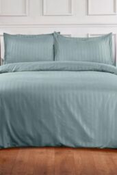 OHS Satin Stripe Duvet Cover with Pillowcase Set in Duck Egg Blue - Size: Double - thumbnail 1
