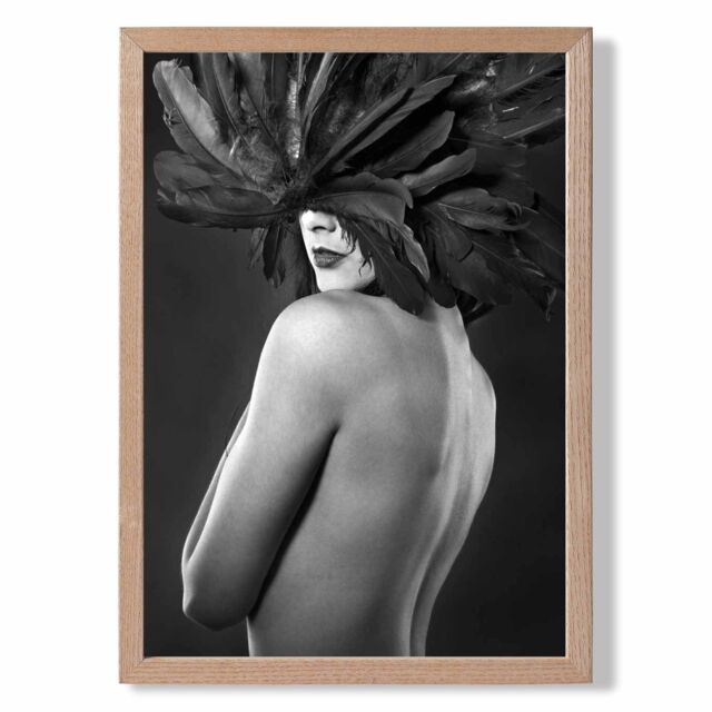 ARTZE Woman with Feathers Mask Fashion Black & White Photo Framed Print SIZE: A4 with Oak Frame - image 1