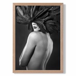 ARTZE Woman with Feathers Mask Fashion Black & White Photo Framed Print SIZE: A4 with Oak Frame - thumbnail 1