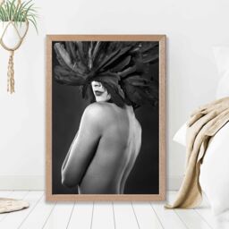 ARTZE Woman with Feathers Mask Fashion Black & White Photo Framed Print SIZE: A4 with Oak Frame - thumbnail 2
