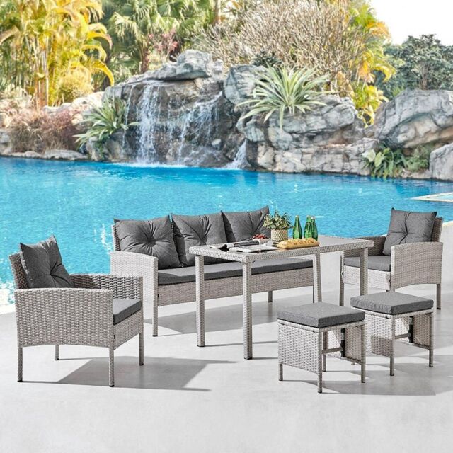 Home Detail Roma Rattan 5 Piece Garden Furniture Dining Set 3 Seat Sofa 2 Single Chairs & 2 Stools in Grey - image 1