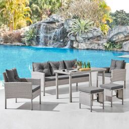 Home Detail Roma Rattan 5 Piece Garden Furniture Dining Set 3 Seat Sofa 2 Single Chairs & 2 Stools in Grey - thumbnail 1