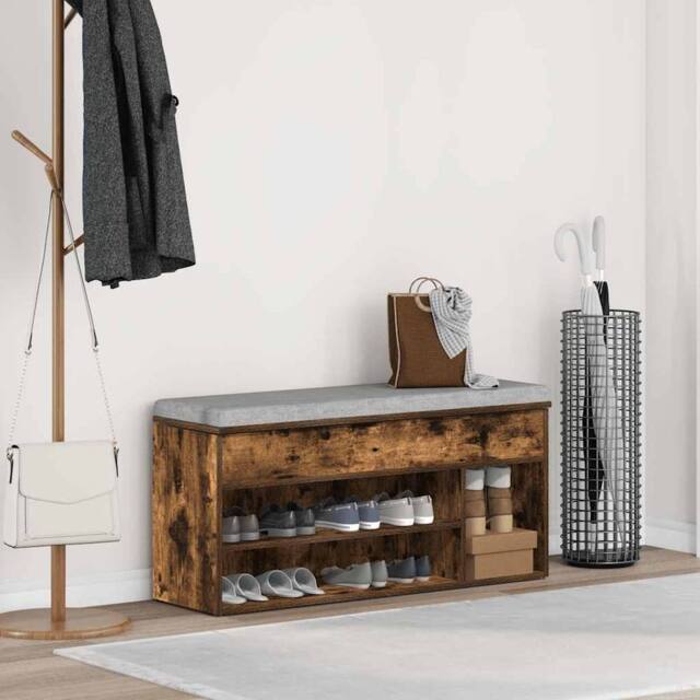 Berkfield Home Shoe Bench Smoked Oak 102x30.5x45 cm Engineered Wood in Brown - image 1