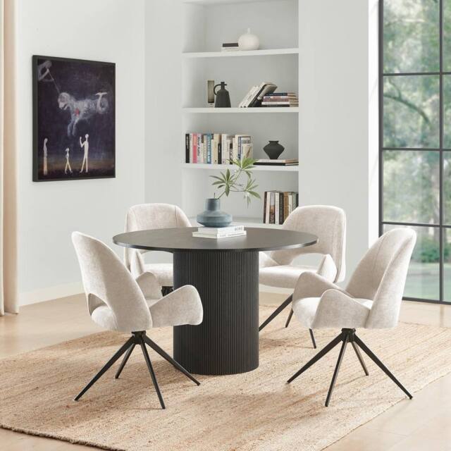 FurnitureboxUK Penrose Black Round Dining Table & 4 Layla Fabric Swivel Chairs - image 1