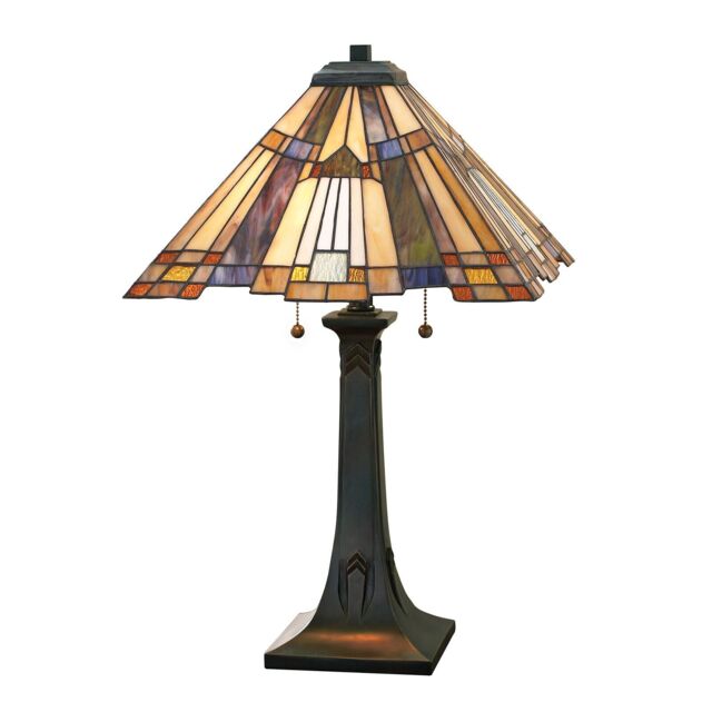 Loops 2 Bulb Table Lamp Pyramid Shape Tiffany Style Glass Valiant Bronze LED E27 60W in Clear - image 1