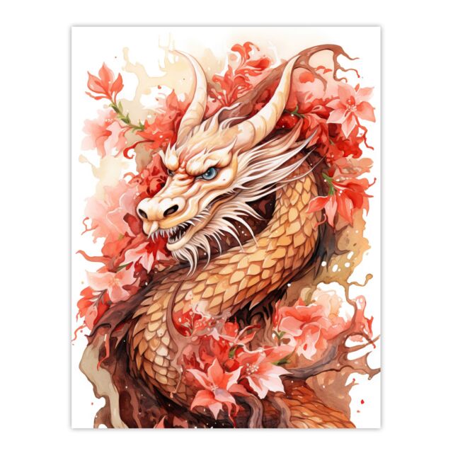 "Artery8 Wall Art Print Fantasy Dragon Serpent Horned Floral Pink Orange 2024 China Year Of The Dragon Poster in Red - Size: W24"" x H32""" - image 1