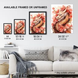 "Artery8 Wall Art Print Fantasy Dragon Serpent Horned Floral Pink Orange 2024 China Year Of The Dragon Poster in Red - Size: W24"" x H32""" - thumbnail 3
