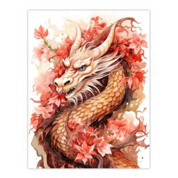"Artery8 Wall Art Print Fantasy Dragon Serpent Horned Floral Pink Orange 2024 China Year Of The Dragon Poster in Red - Size: W24"" x H32""" - thumbnail 1