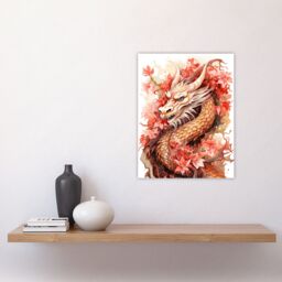 "Artery8 Wall Art Print Fantasy Dragon Serpent Horned Floral Pink Orange 2024 China Year Of The Dragon Poster in Red - Size: W24"" x H32""" - thumbnail 4