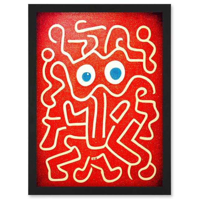 Artery8 Line Drawing On Red With Googly Eyes Artwork Framed Wall Art Print A4 in Black - image 1