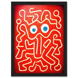 Artery8 Line Drawing On Red With Googly Eyes Artwork Framed Wall Art Print A4 in Black - thumbnail 1