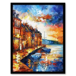 "Artery8 Seaside Town Harbor Sunset Oil Painting Framed Art Print in Orange - Size: W12"" x H16""" - thumbnail 1