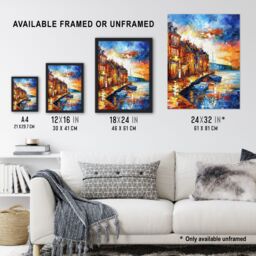 "Artery8 Seaside Town Harbor Sunset Oil Painting Framed Art Print in Orange - Size: W12"" x H16""" - thumbnail 3