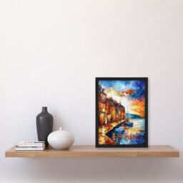 "Artery8 Seaside Town Harbor Sunset Oil Painting Framed Art Print in Orange - Size: W12"" x H16""" - thumbnail 4