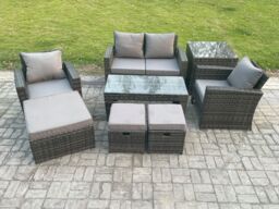 Fimous 7 Seater Outdoor Rattan Garden Furniture Set Patio Lounge Sofa Set with Coffee Table 3 Footstools Side Table Dark Grey Mixed - thumbnail 1