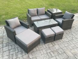 Fimous 7 Seater Outdoor Rattan Garden Furniture Set Patio Lounge Sofa Set with Coffee Table 3 Footstools Side Table Dark Grey Mixed - thumbnail 2