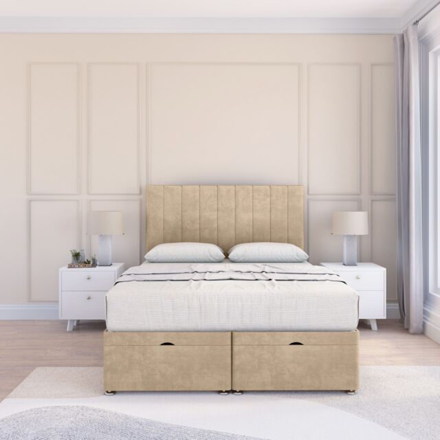 Sloomy Kansas Coniston Fabric Ottoman Bed End Opening With Sprung Memory Mattress & 26 Inch strut Headboard in Cream - Size: Double - image 1