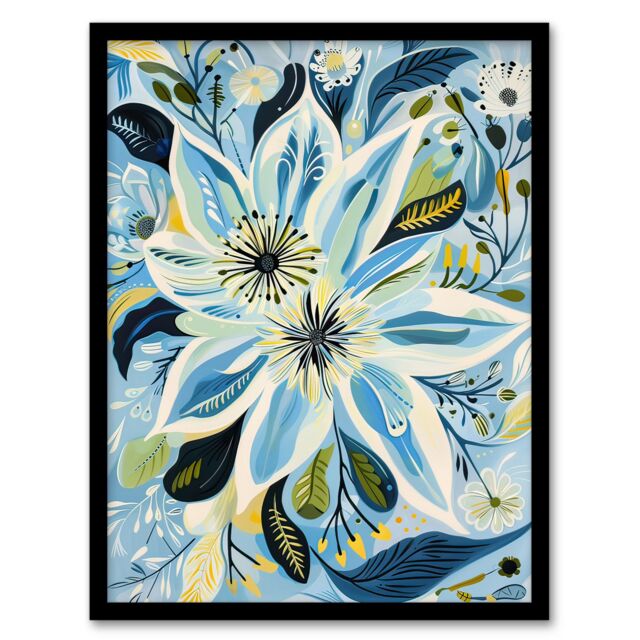 Artery8 Blue Abstract Wildflowers Painting Floral Framed Art Print - Size: A4 - image 1