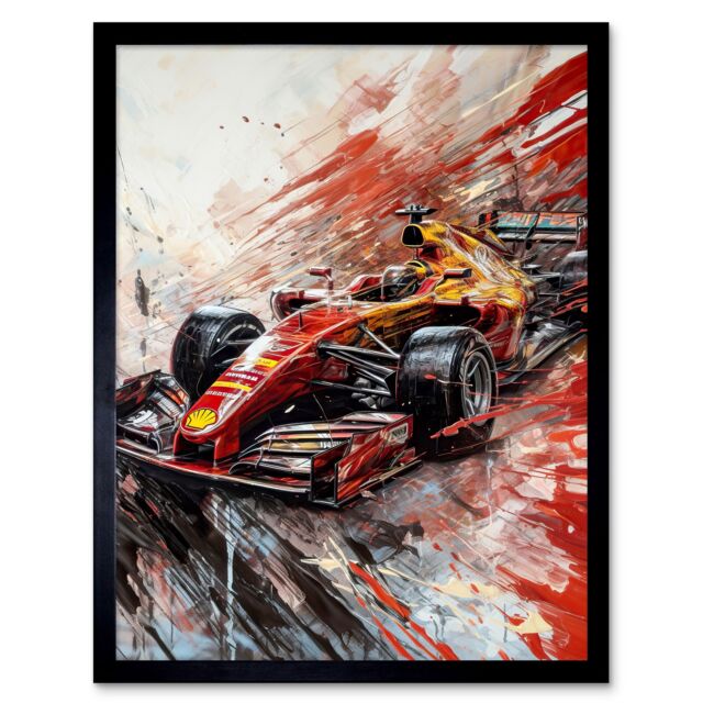 "Artery8 Wall Art Print Grand Prix Red Race Car Action Shot Paint Splat Art Framed in Black - Size: W12"" x H16""" - image 1