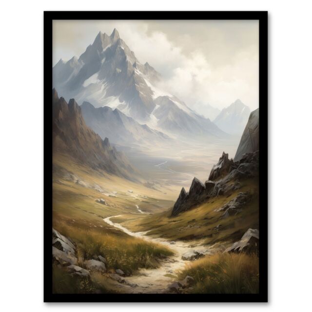 "Artery8 The Alps Path Switzerland Mountains A Panoramic Landscape Painting Art Print Framed Poster Wall Decor 12x16 inch in Black - Size: W12"" x H16""" - image 1