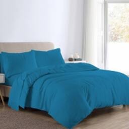 Homes-Linen Flannelette Plain Reversible Duvet Cover Set with Pillowcases in Teal - Size: Super King