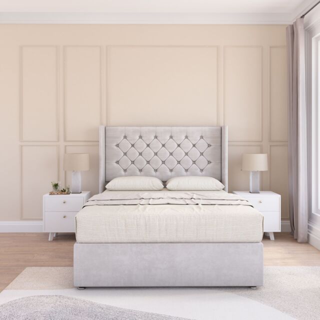 "Sloomy Dior Wing Bed Set No Drawers With Ortho Sprung Mattress & 54"" Floor standing Headboard Plush Velvet in Silver - Size: Double" - image 1