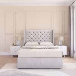 "Sloomy Dior Wing Bed Set No Drawers With Ortho Sprung Mattress & 54"" Floor standing Headboard Plush Velvet in Silver - Size: Double" - thumbnail 1