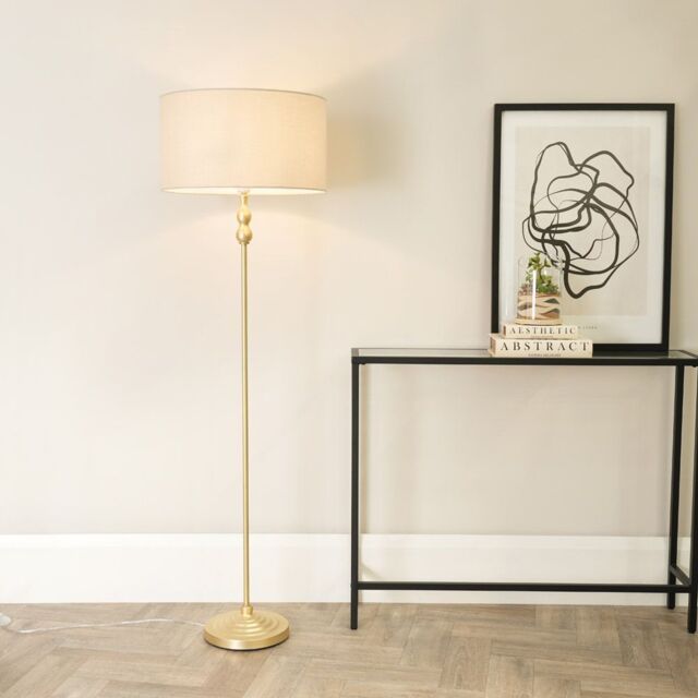 ValueLights Maggie Gold Metal Candlestick Floor Lamp with Fabric Lamp Shade in Natural - image 1