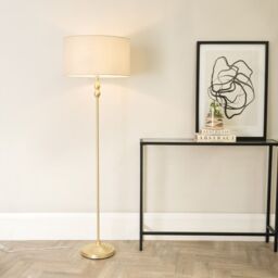 ValueLights Maggie Gold Metal Candlestick Floor Lamp with Fabric Lamp Shade in Natural - thumbnail 1