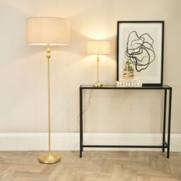 ValueLights Maggie Gold Metal Candlestick Floor Lamp with Fabric Lamp Shade in Natural - thumbnail 4