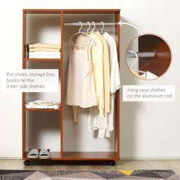 HOMCOM Rolling Open Wardrobe Hanging Rail Storage Shelves for Clothes in Brown - thumbnail 4