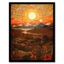 Artery8 Wall Art Print Abstract Magical Autumn Sunset Landscape Painting Artwork Art Framed in Orange - Size: A4 - thumbnail 1