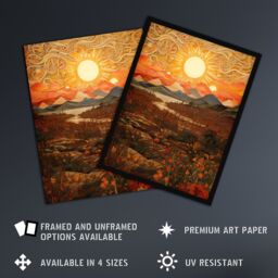 Artery8 Wall Art Print Abstract Magical Autumn Sunset Landscape Painting Artwork Art Framed in Orange - Size: A4 - thumbnail 2