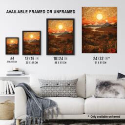Artery8 Wall Art Print Abstract Magical Autumn Sunset Landscape Painting Artwork Art Framed in Orange - Size: A4 - thumbnail 3