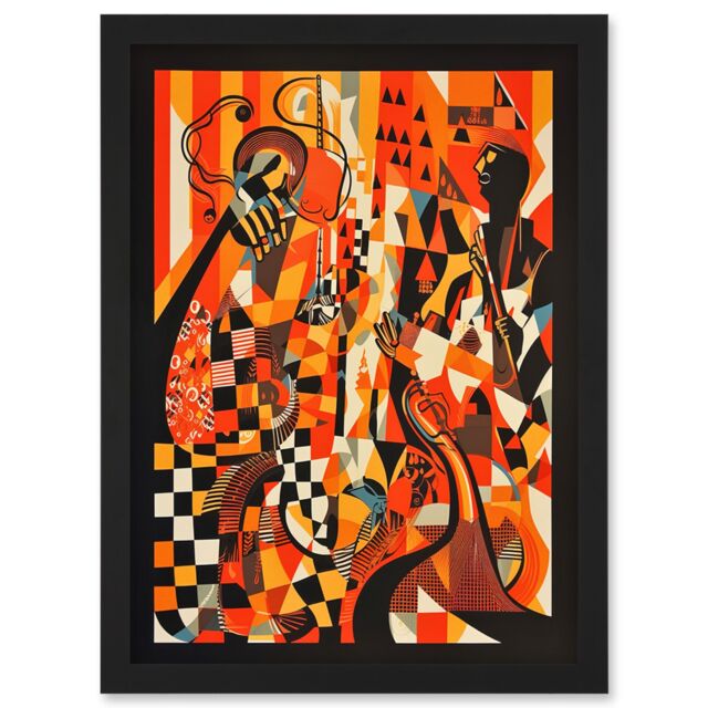 Artery8 Jazz Music Band Musicians Abstract Modern Folk Art Painting Artwork Framed Wall Art Print A4 in Black - image 1