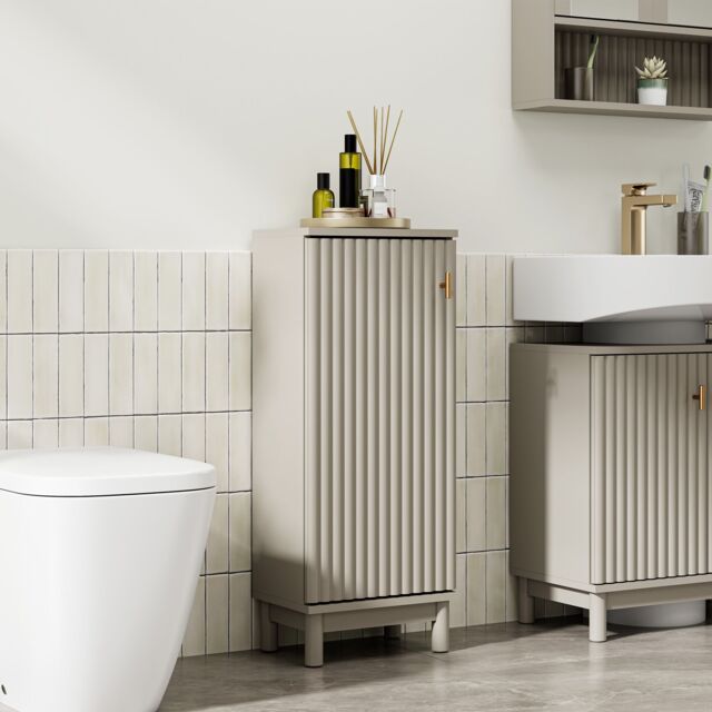 VonHaus Victoria Fluted Design Slim Bathroom Storage Cabinet in Stone - image 1