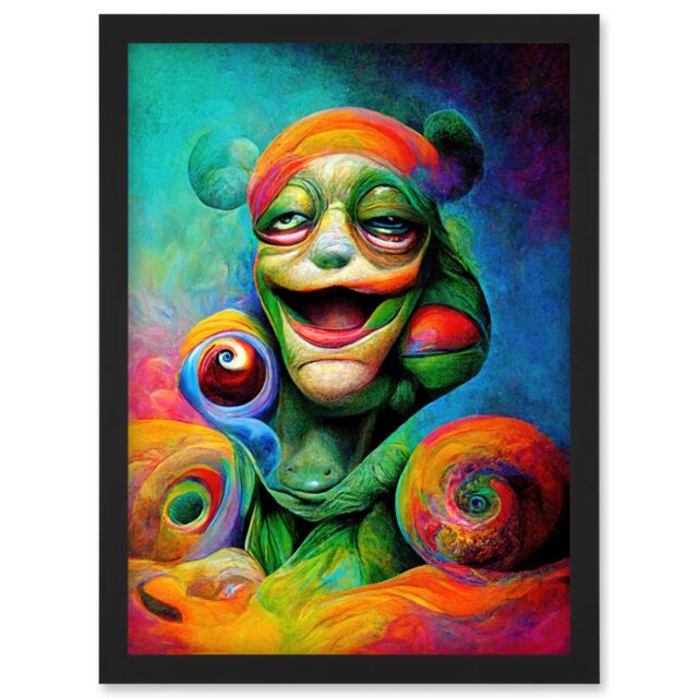Artery8 Psychedelic Stoned Clown Trippy Colourful Artwork Framed Wall Art Print A4 in Black - image 1