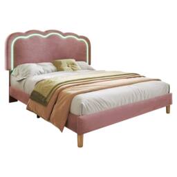 Merax 3FT Single Velvet Upholstered Bed with LED Adjustable Headboard in Pink - thumbnail 8