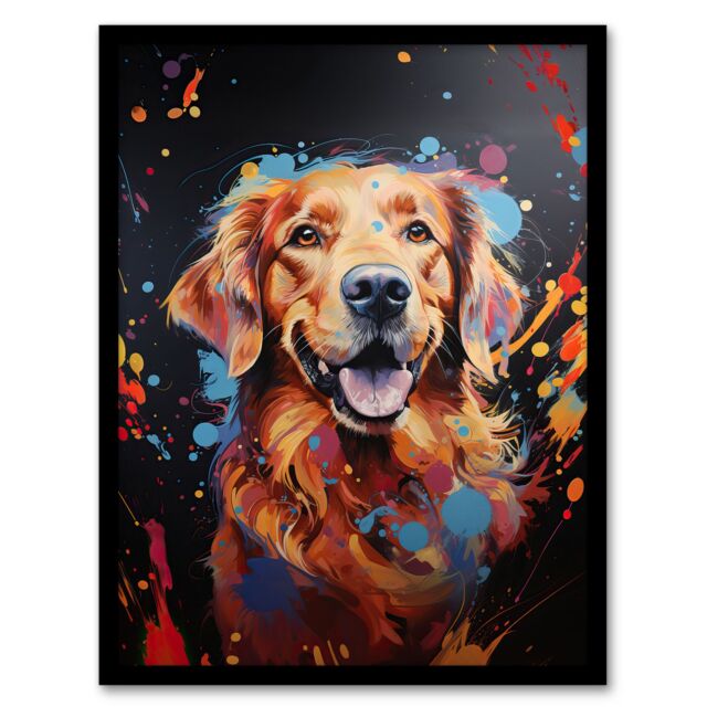 Artery8 Wall Art Print Red Golden Retriever Dog Lover Gift Pet Portrait Orange Blue on Black Artwork Painting Art Framed - Size: A4 - image 1
