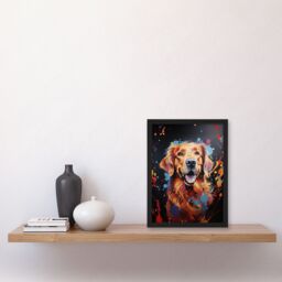 Artery8 Wall Art Print Red Golden Retriever Dog Lover Gift Pet Portrait Orange Blue on Black Artwork Painting Art Framed - Size: A4 - thumbnail 4